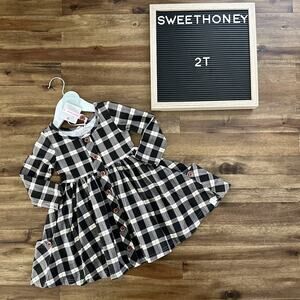 NWT SweetHoney Prim Dress Classic Girl Black Cream Plaid Long Sleeve Knit 2T